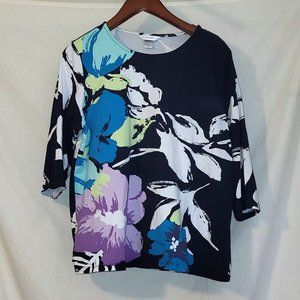 ..CJ Banks Women's 3/4 Sleeve Navy Blue Floral Cotton Spandex Shirt Plus Size 1X